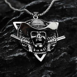 Collier pendentif crâne de cowboy occidental en acier inoxydable, bijoux de mode pour homme, cadeau, design géométrique asymétrique - Product Image 2