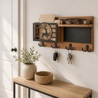 Porte-clés mural en bois moderne multifonctionnel avec tableau noir et organiseur de courrier