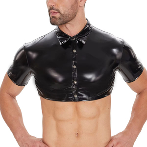 Heren sexy korte mouwen PVC lederen shirt glanzend erotisch vormende koker latex top casual T-shirt kort lederen jack voor heren - Product Image 5