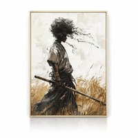 Élégante œuvre d'art vintage Ronin Guerrier Afro en alliage doré mat encadré pour projets de décoration intérieure de villas et de maisons de vacances