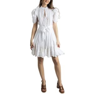 Mode luxe femmes personnalisé été manches courtes blanc oeillet blanc coton dentelle une ligne à volants ceinturé Mini robe pour la fête - Product Image 1