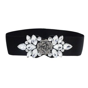 Golden Pear Fall Wide <b>Elastic</b> Waistband Black Crystal Flower Clasp Women's <b>Belt</b> Fashion European Style 24-35 Size - Product Image 5