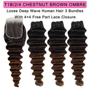 JN Hair - Paquetes <span class=keywords><strong>de</strong></span> Cabello Virgen Brasileño Largo y Rizado, Color <span class=keywords><strong>Castaño</strong></span> Tricolor, Cierre <span class=keywords><strong>de</strong></span> Cabello Humano Suelto con Doble Trama a Máquina - Product Image 2