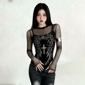 Body de Terciopelo Gótico para Mujer con Estampado de Cruz, Ajustado, Sexy, con Malla Transparente, para Invierno, Otoño, Fiesta, Club y Salida Nocturna - Product Image 2