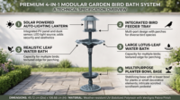 Mangeoire à oiseaux et station de bain solaire LED, style cascade antique, avec base remplie de pierres, en résine résistante aux intempéries, toit de gazebo, écologique, antirouille
