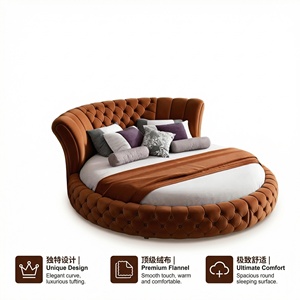 Cama Redonda Dupla Estofada em Veludo Personalizada, Estrutura de Madeira Sólida, Marrom Caramelo, para Quarto e Hotel - Product Image 1