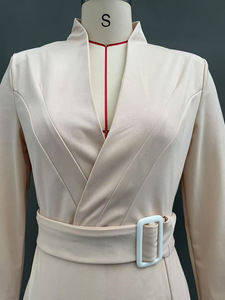 Robe midi à col châle pour femme - Manches longues, ceinturée, moulante, vêtements pour femmes, robes pour femmes, mode - Product Image 5