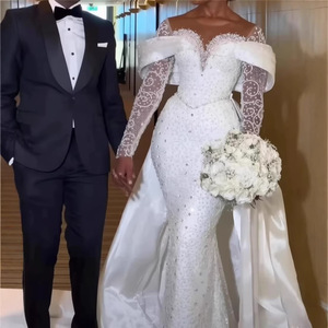 Vestido de Novia Personalizado de Fábrica Alibaba, Vestido de <span class=keywords><strong>Invitada</strong></span> de Boda 2 en 1 de <span class=keywords><strong>Manga</strong></span> Larga, Vestido de Novia Sirena Talla Grande Estilo Africano - Product Image 1