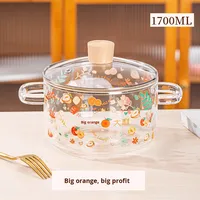 Pot en verre borosilicate de haute qualité, épaissi, à double poignée, compatible gaz/induction, avec couvercle en verre durable à motif dessin animé, 16 cm