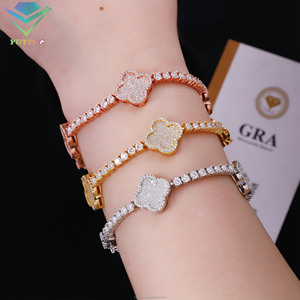 VVS moissanite GRA certificate 925 silver 18K gold plated round brilliant cut iced out clover tennis chain hiphop <b>bracelet</b> - Product Image 2