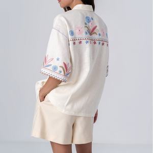 Conjunto de Lino de Manga Corta para Mujer con Logotipo Personalizado al por Mayor 2025, Camisas con Botones y Pantalones Cortos, Traje Casual de Moda para Mujer - Product Image 3