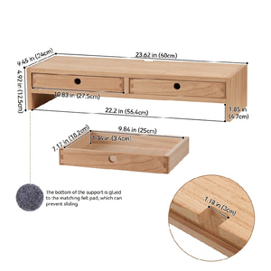 Support d'écran en bois avec 2 tiroirs, rehausseur d'écran d'ordinateur en bois massif pour bureau, étagère d'organisation de bureau avec gestion des câbles - Product Image 6