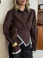 Blus Wanita Bergaris dengan Desain Silang, Lengan Panjang, dan Pinggang Terikat, Elegan untuk Musim Panas