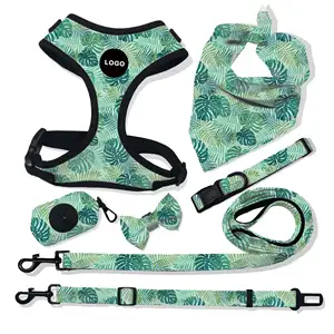 Custom Print Logo Polyester Pet Dog Bow Tie Bandana Harness Leash Lead Collar Set With Poop Bags Holder