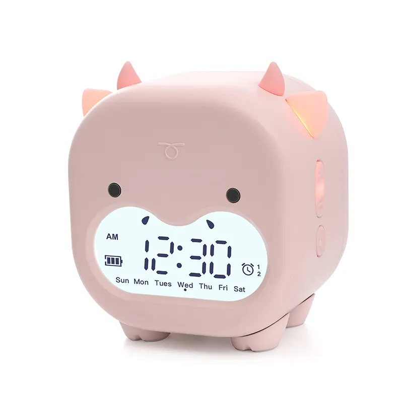 Đồng hồ báo thức cho trẻ em trẻ em ngủ huấn luyện viên báo lại hẹn giờ điều khiển âm thanh kỹ thuật số dễ thương bò thức dậy Đèn LED bảng Đồng hồ bàn