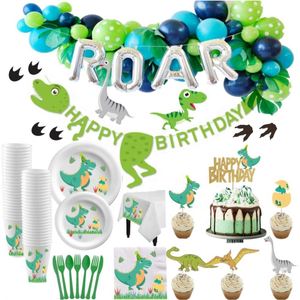 Kit de Fournitures pour Fête d'Anniversaire Thème Dinosaure : Vaisselle Jetable, Assiettes en Carton, Ballons, Serviettes, Nappe, Gobelets, Couteaux, Cuillères - Product Image 1