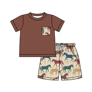 Pre-sale children's short-sleeved suit summer boy horse print new boy t-shirt suit children's clothing