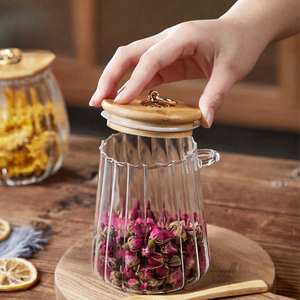 Bocaux de rangement de cuisine transparents à rayures verticales côtelées, 16 oz (500 ml), en verre avec couvercle et cuillère en bambou - Product Image 3