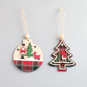 Wooden <b>Christmas</b> Hanging Ornament Round Tree Shape Plaid Design <b>Nutcracker</b> Deer Decor <b>For</b> Xmas Tree Decoration - Product Image 1