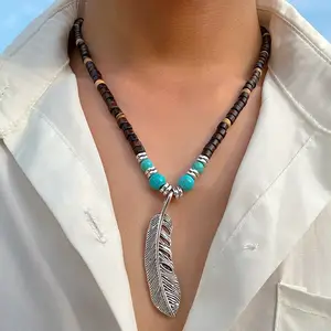 Collier pendentif plume pour hommes mode transfrontalière Style bohème perles en bois collier polyvalent perlé