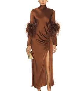 High Neck Long Sleeve Silt Fold Design Cuff Feather Embellishment Sexy Slim Ladies Midi Evening Dress