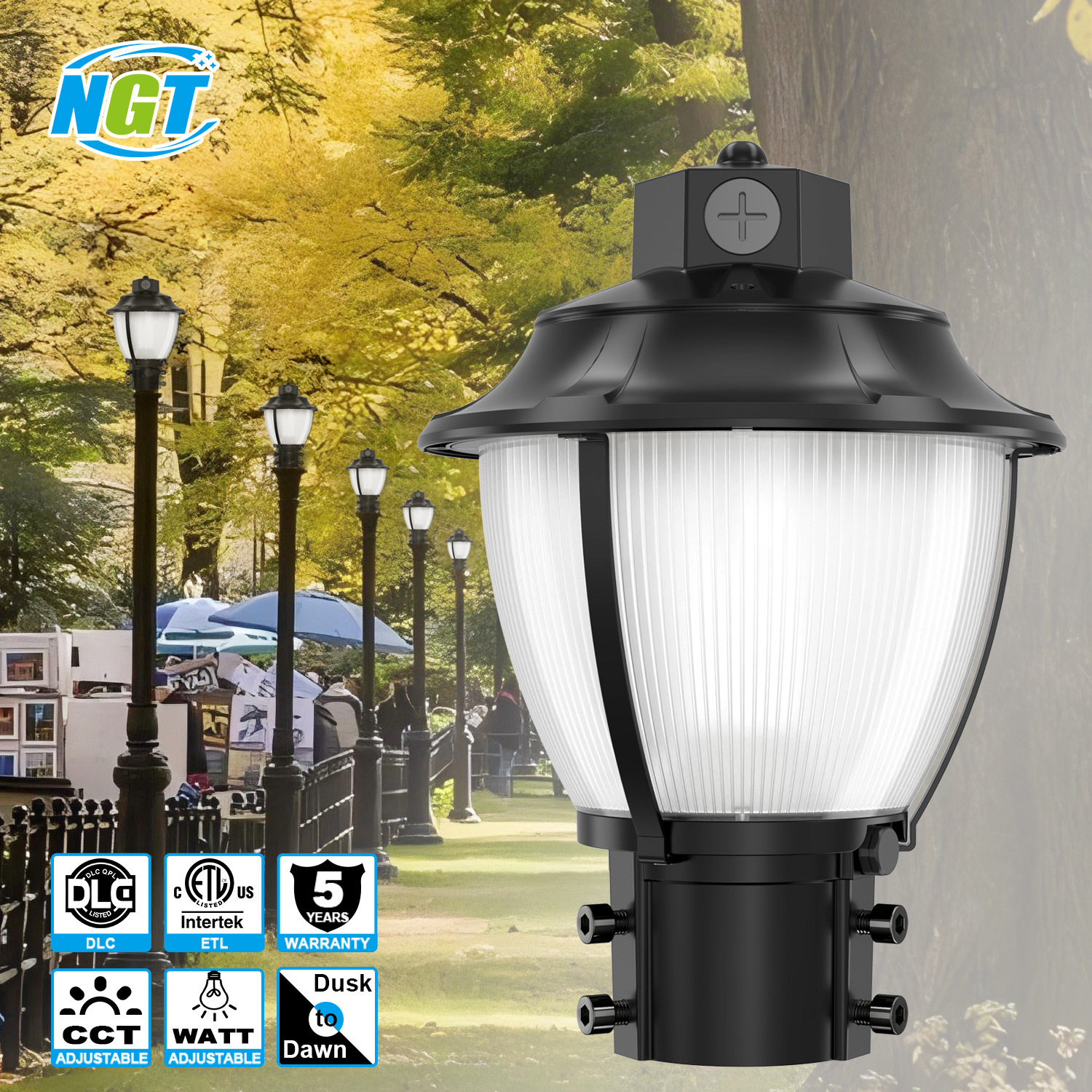 NGTlight Modern Outdoor 3m/4m/6m Garden Aluminum LED Post Top Bollard Light IP65 AC Waterproof
