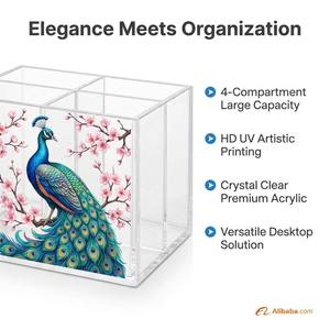 Organisateur de vanité en acrylique imprimé UV motif paon esthétique, support multifonctionnel pour pinceaux de maquillage et boîte de rangement de papeterie de bureau - Product Image 6