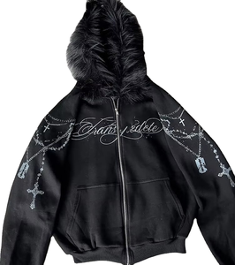 <b>Gothic</b> Men's Hooded Zip-Up Sweatshirt With Fur Collar Embroidered Cross Chain Design Oversized Winter Streetwear <b>Jacket</b> - Product Image 1