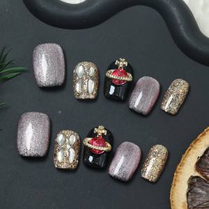 Uñas postizas de acrílico de lujo, cortas, negras, con cobertura completa, hechas a mano, con pedrería de estrellas, precio de fábrica, venta al por mayor. - Product Image 2