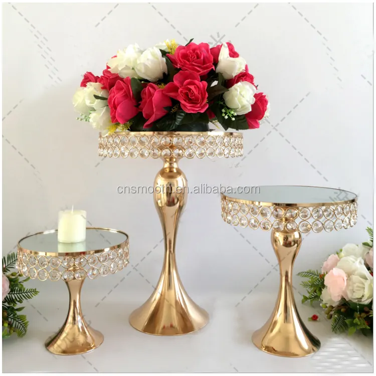 Hoge Kwaliteit Spiegel Goud Metaal Kristal Taart Staan Voor Bruiloft Decoratie