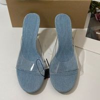 Mules à talon en denim bleu, talons transparents en verre pour femmes