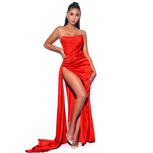 Agrifoglio Limone Cristallizzato Corsetto In Raso Abito Maxi <span class=keywords><strong>Vestito</strong></span> Elegante Abiti Da Sera di Alta Fessura - Product Image 5