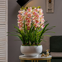 Anggrek Cymbidium Buatan 65cm Rangkaian Bunga Sutra Pink Putih dengan Pot Keramik Putih untuk Hiasan Meja Grosir