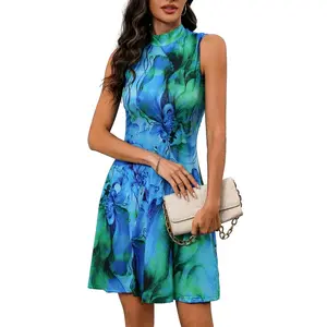 Women Summer Party Club Wear Sleeveless Mini Abstract Print Mock Neck Dress Flower Mesh Print Printed Flared Blue Dress