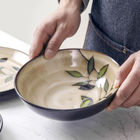 Vaisselle en céramique feuille de bambou Omk grand bol à riz japonais rétro sous glaçure couleur assiette jetable pour soupe et nouilles
