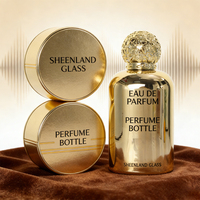 Flacon de parfum en verre recyclable avec revêtement UV doré personnalisé, avec pompe pulvérisatrice, capacité de 100 ml, doré pour le bouchon, forme ronde, emballage