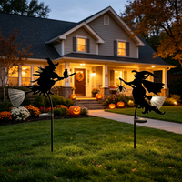 Luces LED de Halloween con energía solar, estaca con silueta de bruja voladora y decoración de araña con escoba luminosa