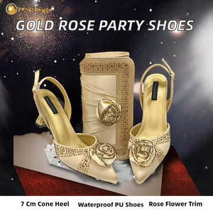 Envío Rápido Zapatos de Novia Ligeros Dorados 2025 con Decoración de Flores y Cuentas, Zapatos de Tacón Rectangular para Eventos Nocturnos - Product Image 2