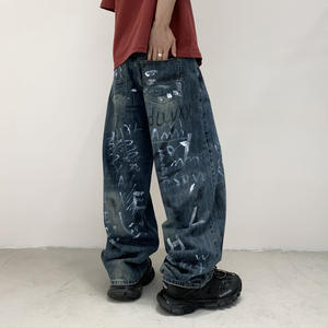 Jeans de Diseñador de Alta Gama Talla Grande 1:1, Jeans <span class=keywords><strong>Culotte</strong></span> para <span class=keywords><strong>Hombre</strong></span>, Jeans Holgados Y2k con Cierre, Pantalones Vaqueros con Estampado de Grafiti para <span class=keywords><strong>Hombre</strong></span> - Product Image 4