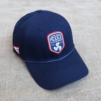 Casquettes de baseball 6 panneaux en coton bleu marine à visière incurvée avec logo tissé personnalisé et corde, style sport décontracté, vente directe usine