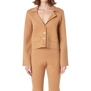 Wholesale Custom Fitted <strong>Blazer</strong> Top and Flare Pants Knitwear Suit for Ladies Two Piece Cord <strong>Jersey</strong> Nylon Knit <strong>Women's</strong> Sweater Set - Product Image 4
