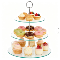 Support à gâteau de luxe en verre transparent à 2 niveaux, en métal, pour mariage, vente en gros, fournitures de fête, support à gâteau en verre trempé, acier inoxydable
