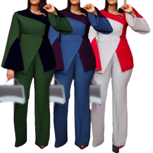 Elegante Traje de Pantalón Largo con Cintura Elástica y Mangas Largas con Diseño de Bloques de Color para Mujer - Product Image 1