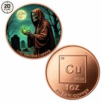 Pièce de monnaie en cuivre pur 999 de 1 once, personnalisée en gros, motif Grim Reaper tenant un orb vert dans un cimetière au clair de lune, commémorative de collection