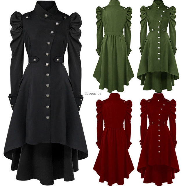 Women Vintage Button up Dress Puff Sleeves Steampunk Cosplay Jacket Slim Fit Retro Lady Long Victorian Gothic Halloween Costume