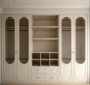 Beige Bedroom Wardrobe with Ribbed Glass Doors Built in Shelves and Drawers Spacious Clothes <b>Storage</b> <b>Cabinet</b> with Classic Design - Product Image 1