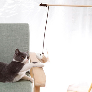 Giocattolo eco-friendly gatto Teaser con manico in legno stile semplice cotone canapa & piuma interattivo Stick giocattolo per gatti