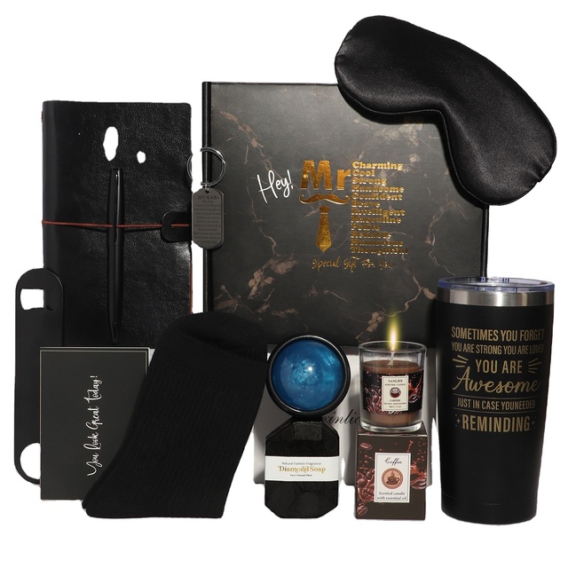 Men Gift Set 11 in 1 Business Gift Box Care Package Tumbler Notebook Socks Candle Keychain Corporate Gifts Custom Logo