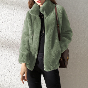 Women's Faux Fur Coat Stand Collar Thickened Warm Loose Korean Style Zipper <b>Cardigan</b> Solid Color Brown - Product Image 4