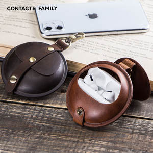 Porte-monnaie rond rétro en cuir véritable fait main, petit sac de rangement, étui pour écouteurs pour <span class=keywords><strong>Airpods</strong></span> Pro - Product Image 4